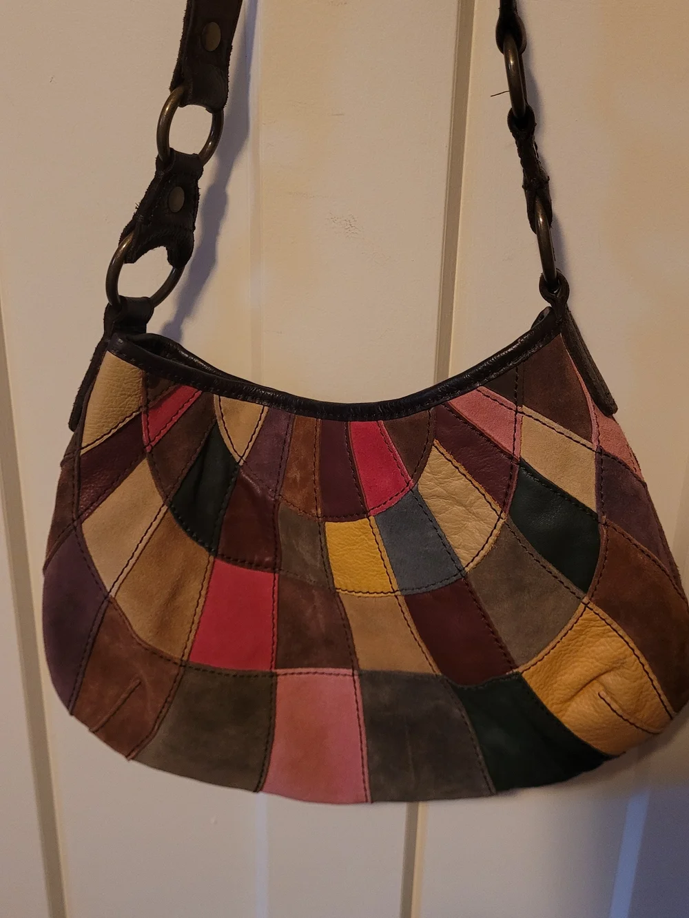 Y2k Lucky Brand Patchwork Hobo Bag in Brown, Pink, Yellow, Green, Blue